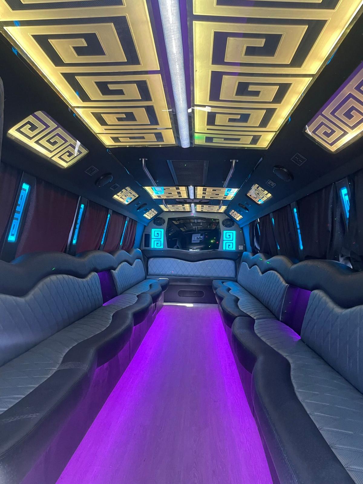 Luxury party bus interior with LED lighting